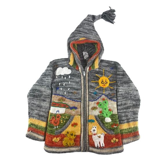 Native Creation Peruvian Hoodie Boys XS Sweater Knit Full Zip Animals Weather - Picture 1 of 12